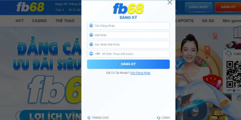Giao diện đăng ký FB68